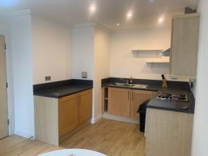 a kitchen with wooden cabinets and a counter top at North Acton Flat in London
