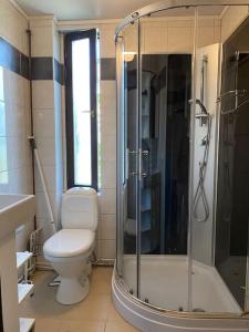 W łazience znajduje się toaleta, prysznic i umywalka. w obiekcie Lugnt,centralt, parkering,altan. w mieście Växjö
