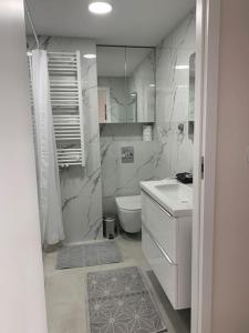 bagno bianco con servizi igienici e lavandino di Apart 89B Angielska Grobla 5 - Gdańsk Śródmieście a Danzica