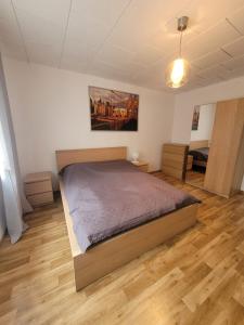 Apartament MariaNova 100m2 Zabrze Pawłów في زابجه: غرفة نوم بسرير في غرفة ذات أرضيات خشبية