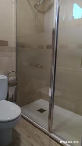 ein Bad mit einem WC und einer Glasdusche in der Unterkunft Apartamento agradable 2 in Madrid