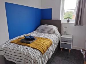 a bedroom with a bed with a blue wall at Modern Roomy 3 BR Home Pershore in Pershore