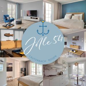 een collage van foto's van een slaapkamer en een woonkamer bij Jolle 54 in Putbus