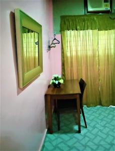 una pequeña mesa con una planta junto a un espejo en BnT Inn en Isla de Mactán