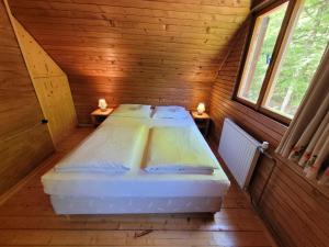 two beds in a wooden room with two windows at Počitniška hiša Radovna in Zgornja Radovna