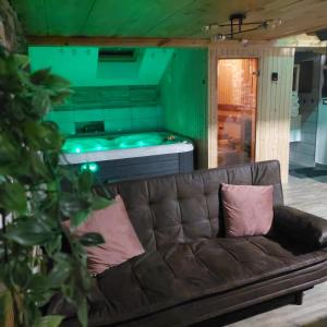 um sofá numa sala de estar com uma mesa de bilhar em Apartment Mastnak em Laško