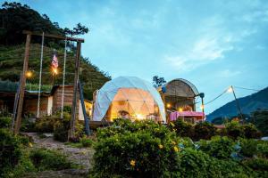 a group of domes in a garden at night at A'moss Farmstay in Cameron Highlands