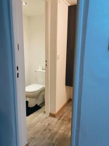 La salle de bains est pourvue de toilettes blanches. dans l'établissement Maison cosy avec 3 chambres et 3 salles de bains, à Amiens