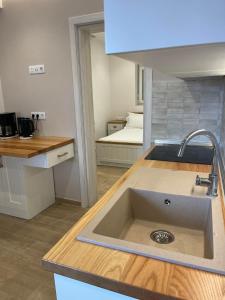 una cucina con lavandino e un letto in una camera di Andrea's luxury apartments in Nea Fokaia a Nea Fokea