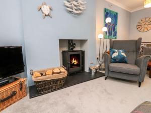 a living room with a fireplace and a chair and a television at Riverdance Cottage in Lyme Regis