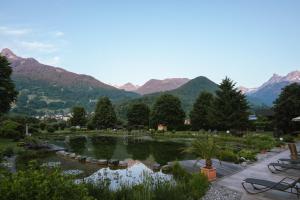 un estanque en un parque con montañas al fondo en Hotel Vitalquelle Montafon en Schruns