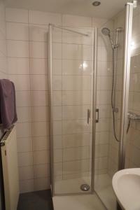 a shower with a glass door next to a sink at Feriengut Bohn in Bernkastel-Kues +85 photos
