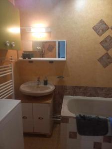 ein Badezimmer mit einem Waschbecken, einer Badewanne und einem Spiegel in der Unterkunft Beau appartement en résidence in Eaux-Bonnes