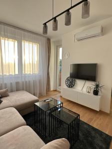 a living room with a couch and a tv at Apartman EMA in Banja Luka