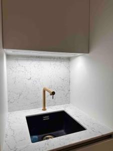 a sink with a faucet in a kitchen at Appartement rénové entre terre et mer avec piscine in Calenzana
