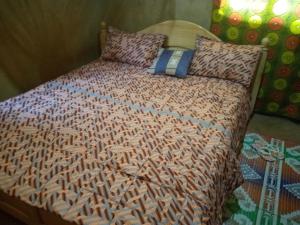 ein Bett mit einer Bettdecke und Kissen im Schlafzimmer in der Unterkunft Munyana homestay in Akagera