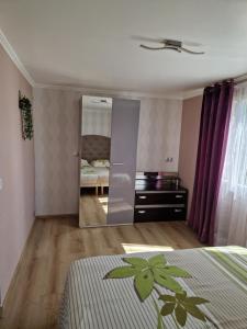 a bedroom with a bed and a large mirror at Logement point du jour in Auneuil