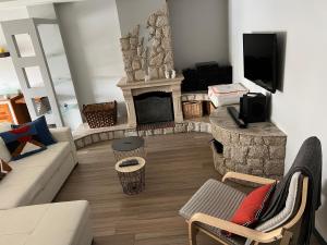 a living room with a couch and a fireplace at Orchidee Apartment in Canedo