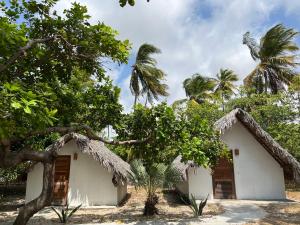 a house with a thatched roof and palm trees at Hausatins in Atins