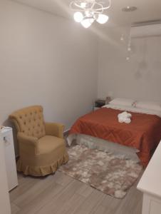 um quarto com uma cama e uma cadeira em Villa Ida, Suíte 01 c/ copa p/ casal em Serra Negra