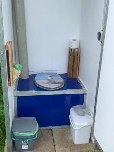 a room with a toilet and a plate on a shelf at Zirkuswagen im Weserbergland in Aerzen