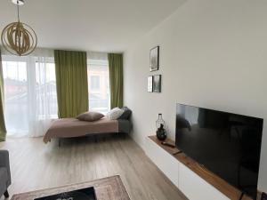 uma sala de estar com uma grande televisão de ecrã plano e uma cama em Dream Apartments em Hohenems