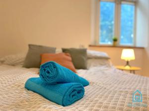 een bed met blauwe handdoeken erop bij Twig Room in Gdańsk