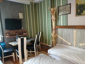 Schlafzimmer mit einem Bett, einem Schreibtisch und einem TV in der Unterkunft Apollo pokój 4 osobowy Szklary-Huta26 in Ząbkowice Śląskie