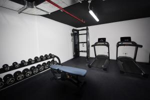 a gym with two treadmills and dumbbells at Luxury Duplex In Raha Lofts in Abu Dhabi