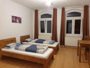 duas camas num quarto com duas janelas em Ferienwohnung "kontaktloser Check-in" em Eisenach