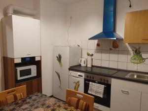 uma cozinha com um frigorífico branco e um micro-ondas em Ferienwohnung "kontaktloser Check-in" em Eisenach