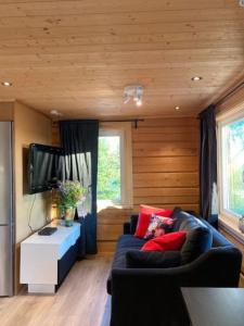 sala de estar con sofá y TV en UTSIKTEN -exklusivt nybyggt timmerhus -Plintsberg. en Tällberg