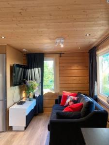 a living room with a couch and a tv at UTSIKTEN -exklusivt nybyggt timmerhus -Plintsberg. in Tällberg