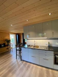 UTSIKTEN -exklusivt nybyggt timmerhus -Plintsberg. في تالبيرغ: مطبخ بدولاب بيضاء وسقف خشبي