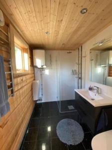 a bathroom with a shower and a sink and a mirror at UTSIKTEN -exklusivt nybyggt timmerhus -Plintsberg. in Tällberg