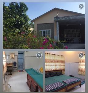 two pictures of a house with a bed and a patio at HÒANG HÔN HOMESTAY in Ben Tre