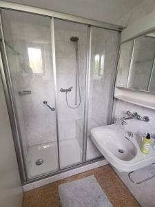 een badkamer met een douche en een wastafel bij NEB-THUN Seehaus Einigen in Einigen