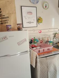 La cuisine est équipée d'un réfrigérateur blanc et d'un évier. dans l'établissement I Rifugi di Noah 1 Santa Maria a Vico-, à Santa Maria a Vico