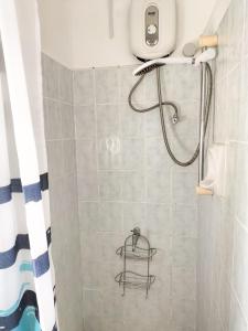 ein Bad mit Dusche und Duschvorhang in der Unterkunft BEACH APARTMENT PEREYBERE in Pereybere