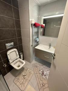 uma casa de banho com um WC, um lavatório e um espelho. em KOZAPARK em Esenyurt