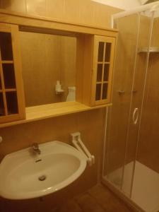 uma casa de banho com um lavatório e uma cabina de duche em vidro. em Ladinische Jagerhof - Solaria CIPAT: 022113-AT-013003 em Campestrin