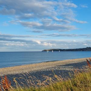 a beach with three sailboats in the water at Knockrobin Cottage in Wicklow