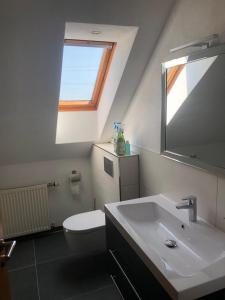 a bathroom with a sink and a toilet and a window at Ferienwohnung auf dem Maifeld in Gappenach