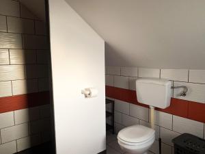 Łazienka z toaletą i czerwonymi i białymi kafelkami w obiekcie KUĆA ZA ODMOR GRUNT w mieście Pakrac