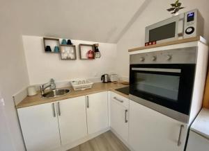 eine kleine Küche mit einer Spüle und einer Mikrowelle in der Unterkunft Chasselièvre in Rouen