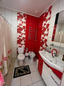 ein rotes Badezimmer mit WC und Waschbecken in der Unterkunft Ferienhaus 'Carolina' mit whirlpool, sauna und Grillplatz in Kossiw