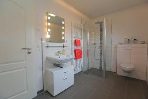 uma casa de banho com um lavatório, um chuveiro e um WC. em Bungalow Mariannenweg 4 em Tarnewitz