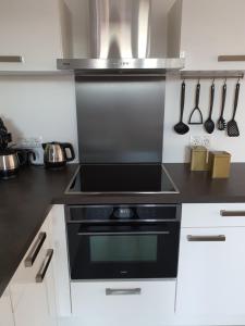 a kitchen with a black stove top oven at Ferienwohnung Ferienpark Quendorfersee Schüttorf in Schüttorf