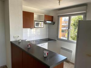 une cuisine avec un comptoir noir et un four micro-ondes dans l'établissement Appartement Vasseur T3 Grande Terrasse, à Toulouse