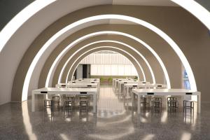 a row of tables and chairs in a room with an arch at Radisson Collection Lingang Shanghai in Shanghai